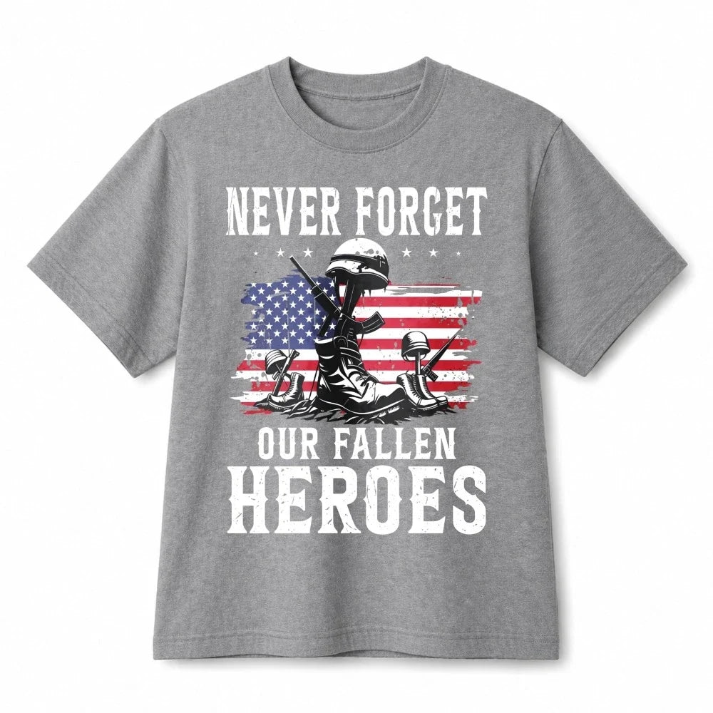 Never Forget Our Fallen Heroes Memorial Patriotic Retro Graphic Cotton T-Shirt Unisex T-shirt, Sweatshirt, Hoodie, Long Sleeve Tee - T-Shirt, Sweatshirt, Hoodie