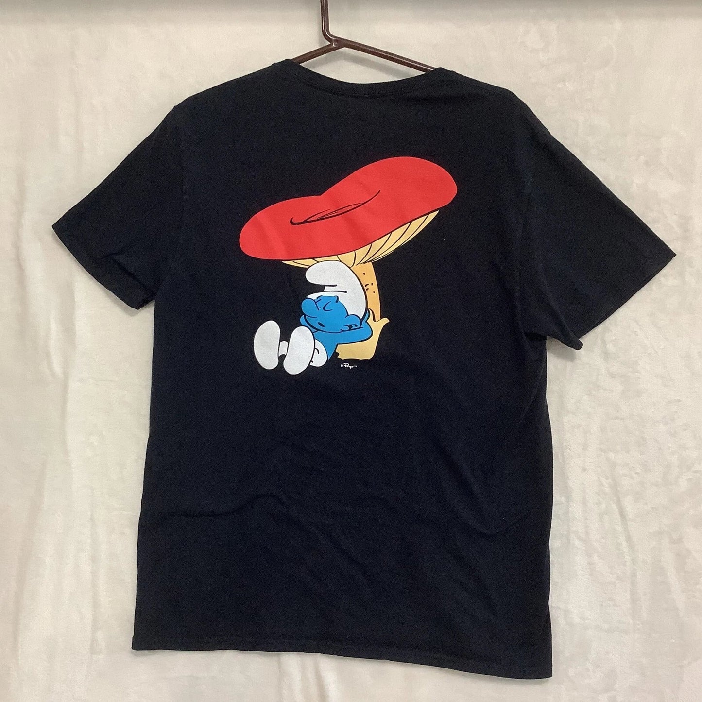 Lazy Smurf Shirt Mens Size L, Large Double-Sided Black Sleepy Mushroom Peyo Unisex T-shirt, Sweatshirt, Hoodie, Long Sleeve Tee - T-Shirt, Sweatshirt, Hoodie