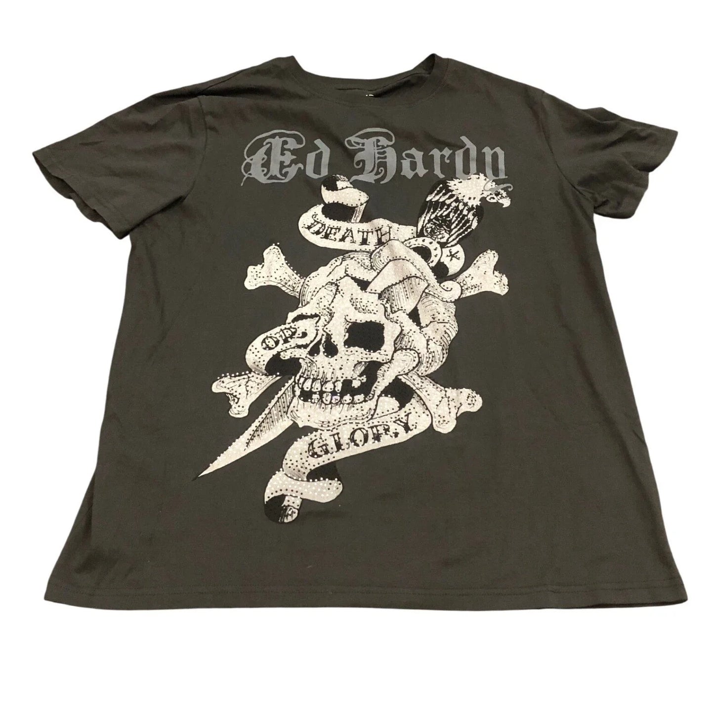 Ed Hardy Death Or Glory Skull Rhinestone Charcoal T-Shirt Mens Large Grunge Unisex T-shirt, Sweatshirt, Hoodie, Long Sleeve Tee - T-Shirt, Sweatshirt, Hoodie