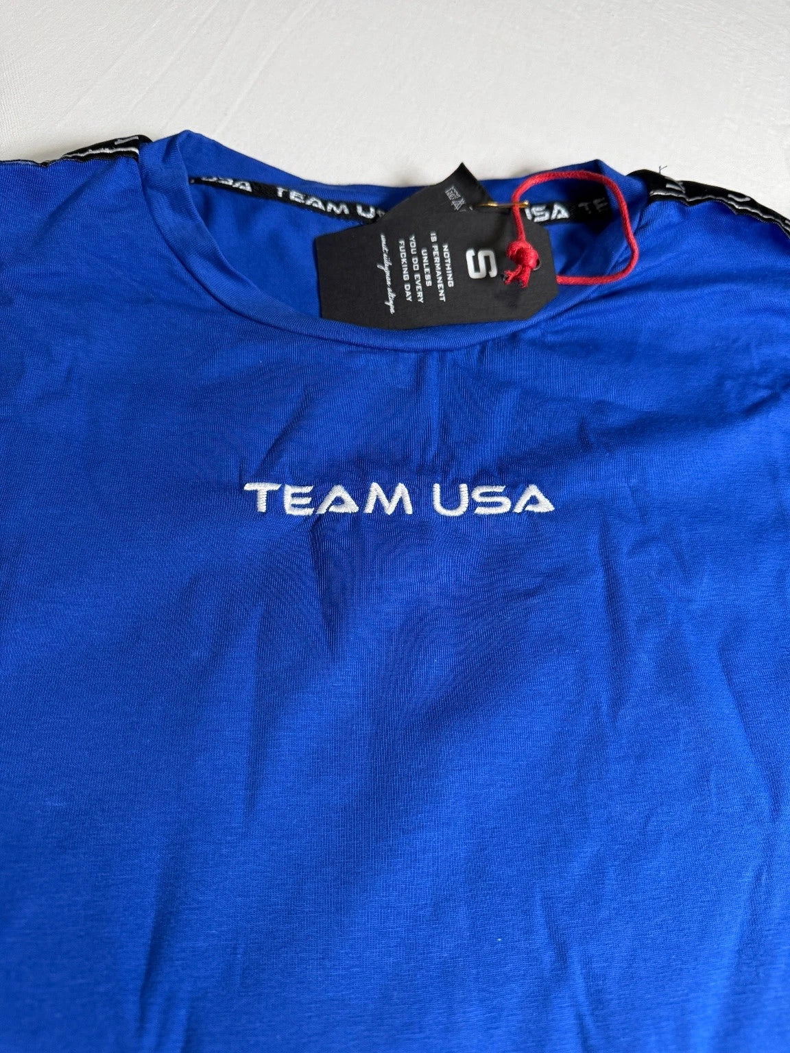 Team USA Wears Oversized Men's T-Shirt Blue Small Cotton USA Tape Detail Unisex T-shirt, Sweatshirt, Hoodie, Long Sleeve Tee - T-Shirt, Sweatshirt, Hoodie
