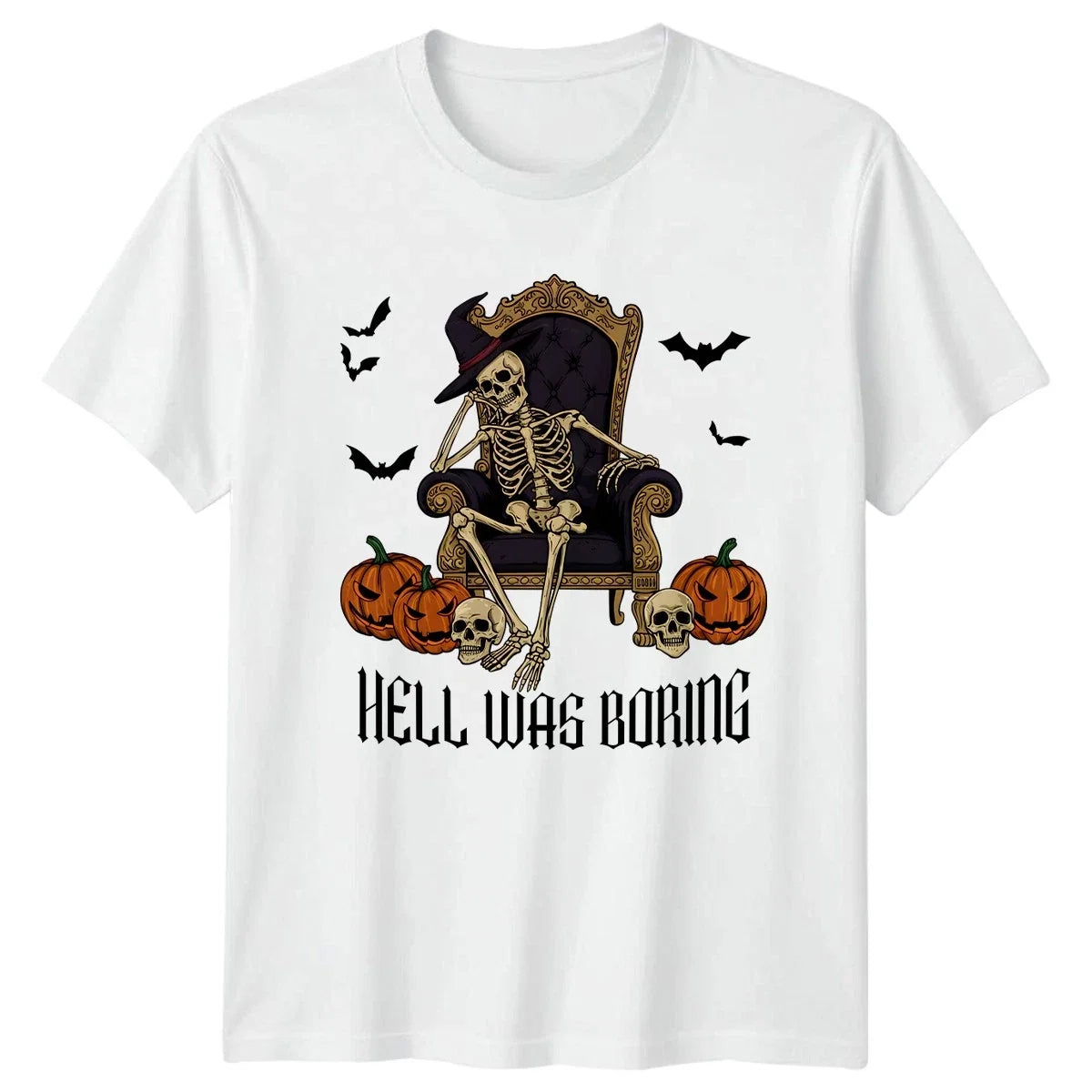 Hell Was Boring T-Shirt Gothic Skeleton Halloween Gift For Him And Her Unisex T-shirt, Sweatshirt, Hoodie, Long Sleeve Tee - T-Shirt, Sweatshirt, Hoodie