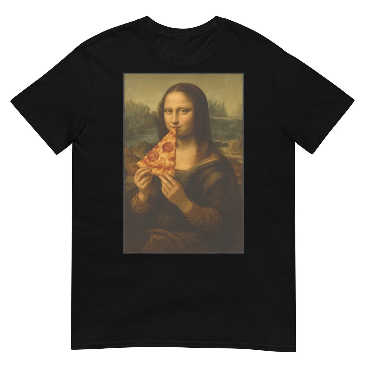 Mona Lisa Eating Pizza Funny Classic Art Pizza Foodie Mashup T-Shirt Unisex T-shirt, Sweatshirt, Hoodie, Long Sleeve Tee - T-Shirt, Sweatshirt, Hoodie