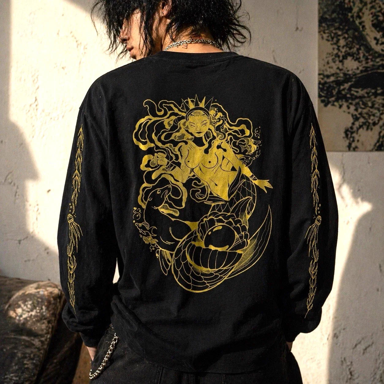 Y2K Mermaid Graphic Tee Mens M Black Gold Tattoo Grunge Streetwear Unisex T-shirt, Sweatshirt, Hoodie, Long Sleeve Tee - T-Shirt, Sweatshirt, Hoodie