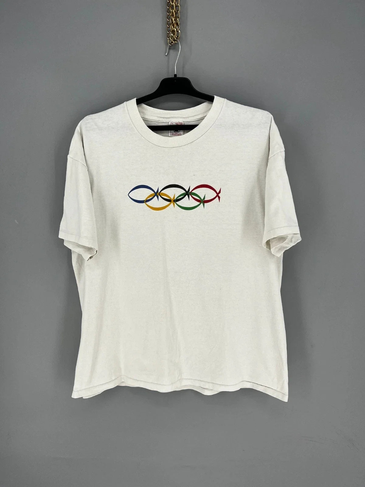 Vintage 1990s Olympics John 3:16 Jesus Tee Thrashed T-Shirt Size XL Made USA Unisex T-shirt, Sweatshirt, Hoodie, Long Sleeve Tee - T-Shirt, Sweatshirt, Hoodie