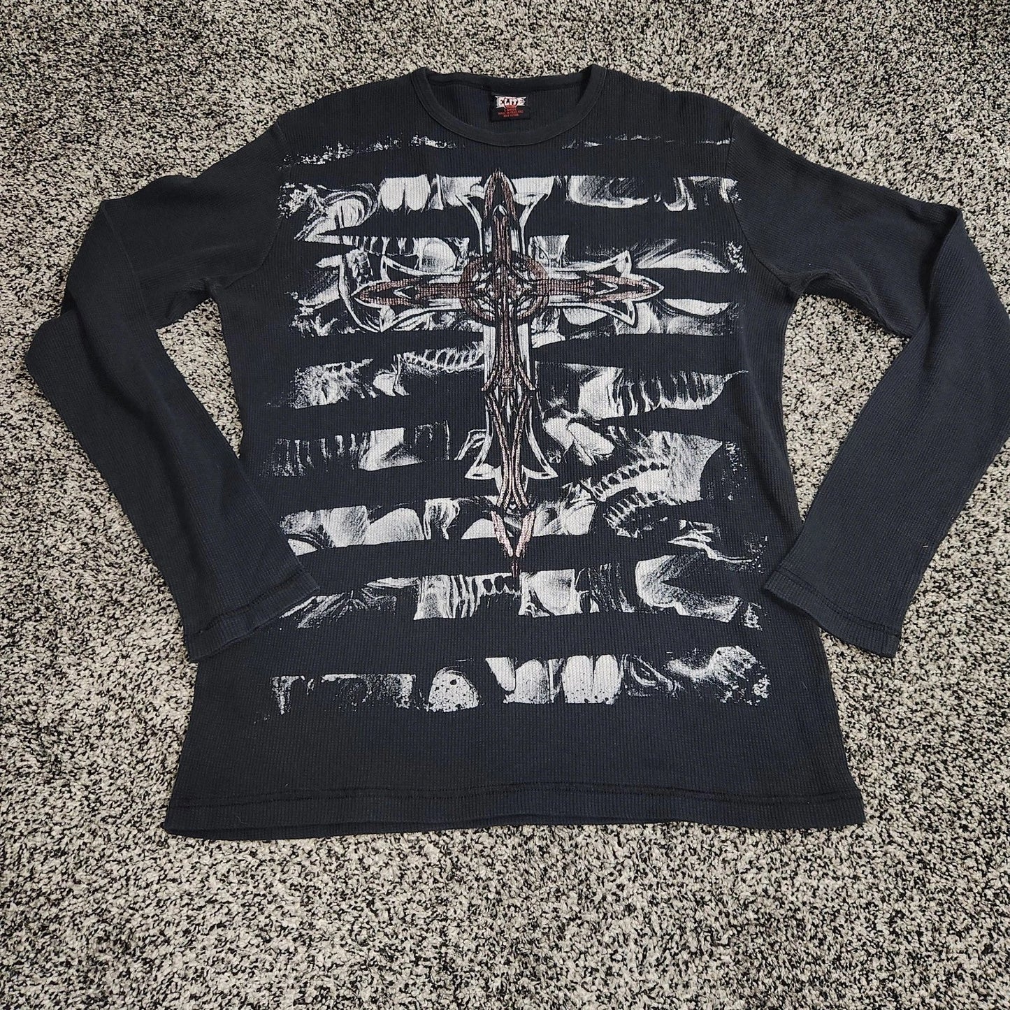 Y2K MMA Elite Long Sleeve Thermal Shirt Mens L Black Skull Cross Grunge Punk Emo Unisex T-shirt, Sweatshirt, Hoodie, Long Sleeve Tee - T-Shirt, Sweatshirt, Hoodie