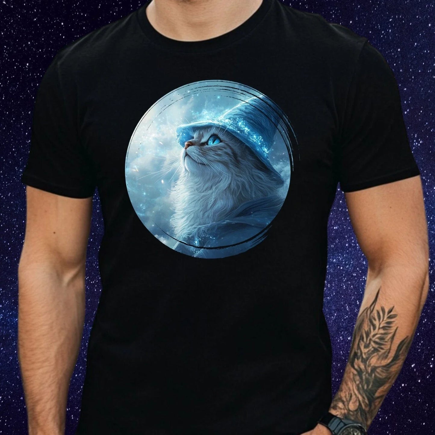 Mens Cat Wizard Mystical Motif Cotton T-Shirt Size XS to 5XL Unisex T-shirt, Sweatshirt, Hoodie, Long Sleeve Tee - T-Shirt, Sweatshirt, Hoodie