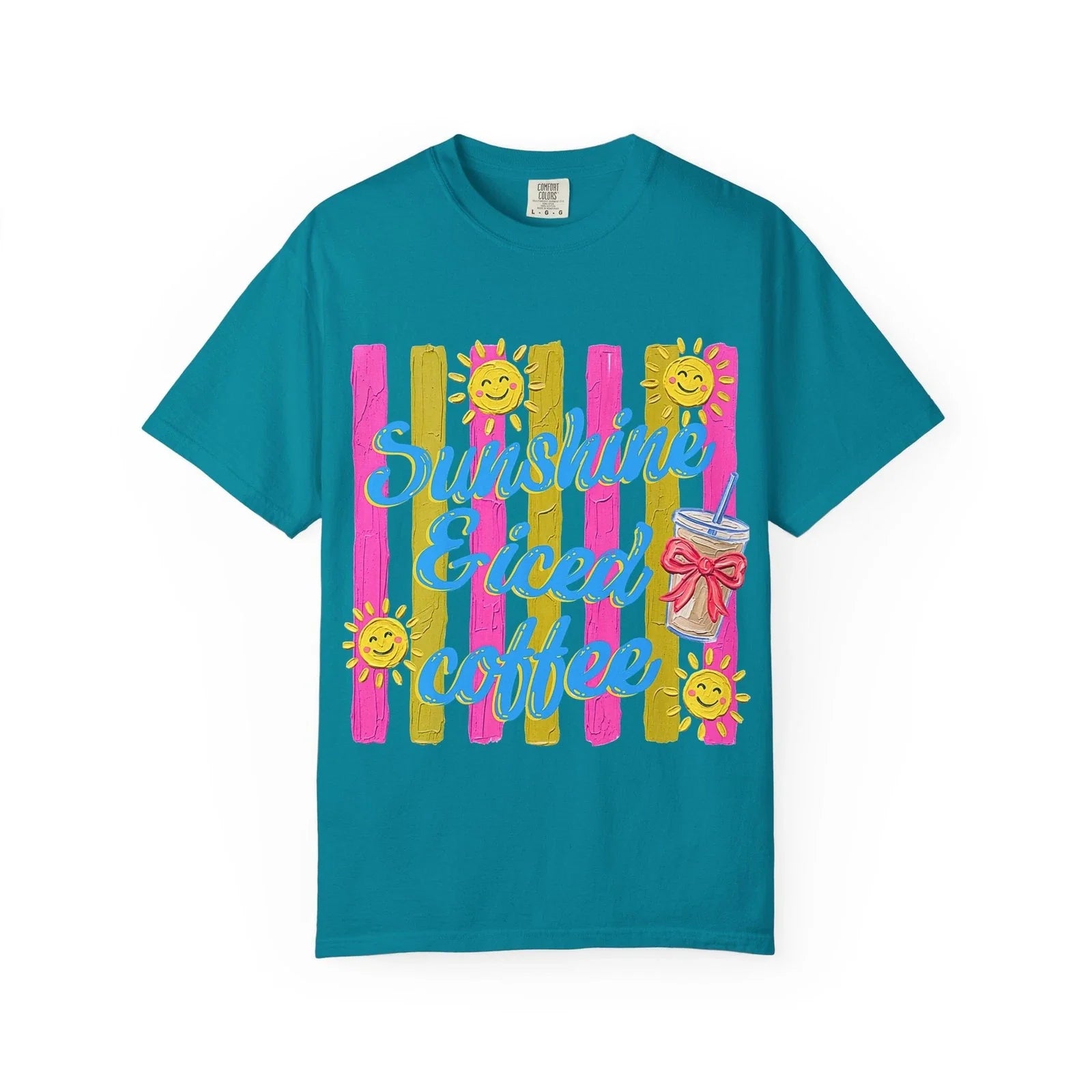 Sunshine & Iced Coffee T-shirt | Smiling Suns, Stripes Unisex T-shirt, Sweatshirt, Hoodie, Long Sleeve Tee - T-Shirt, Sweatshirt, Hoodie