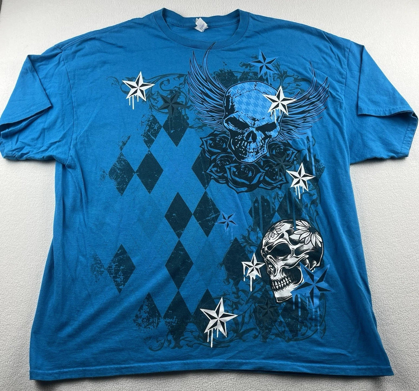 Gildan Heavy Cotton Mens 2XL Blue Skull Wings Star Argyle Graphic T Shirt Y2K Unisex T-shirt, Sweatshirt, Hoodie, Long Sleeve Tee - T-Shirt, Sweatshirt, Hoodie