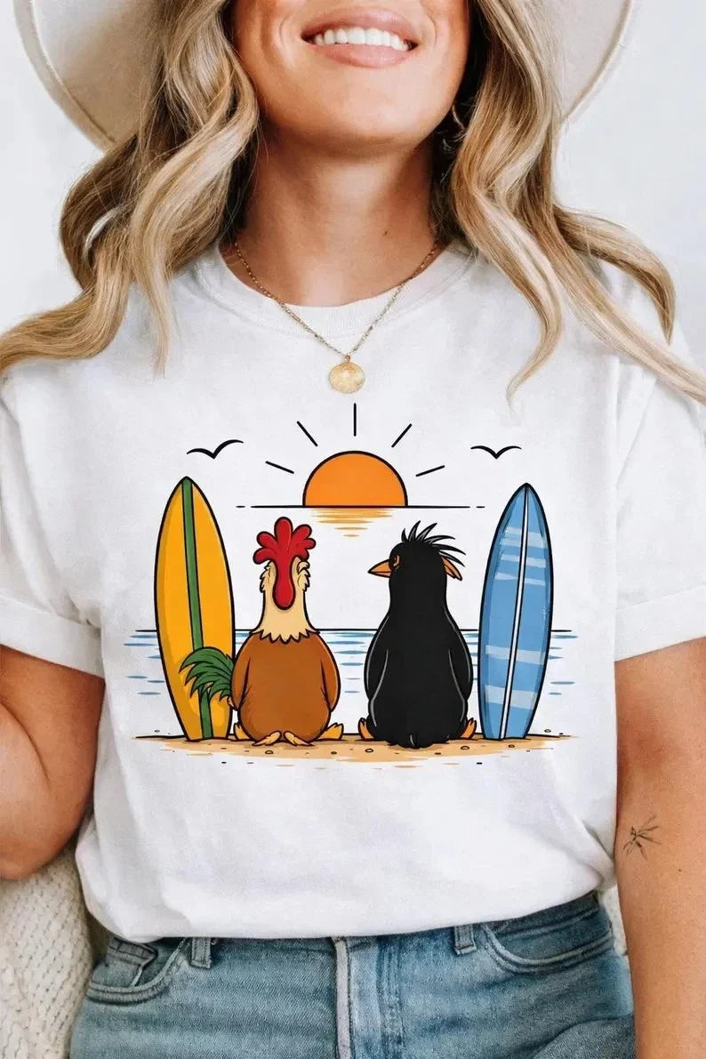 Funny Chicken Penguin Surfing T-Shirt, Beach Sunset Tee, Cute Animal Surf Shirt Unisex T-shirt, Sweatshirt, Hoodie, Long Sleeve Tee - T-Shirt, Sweatshirt, Hoodie