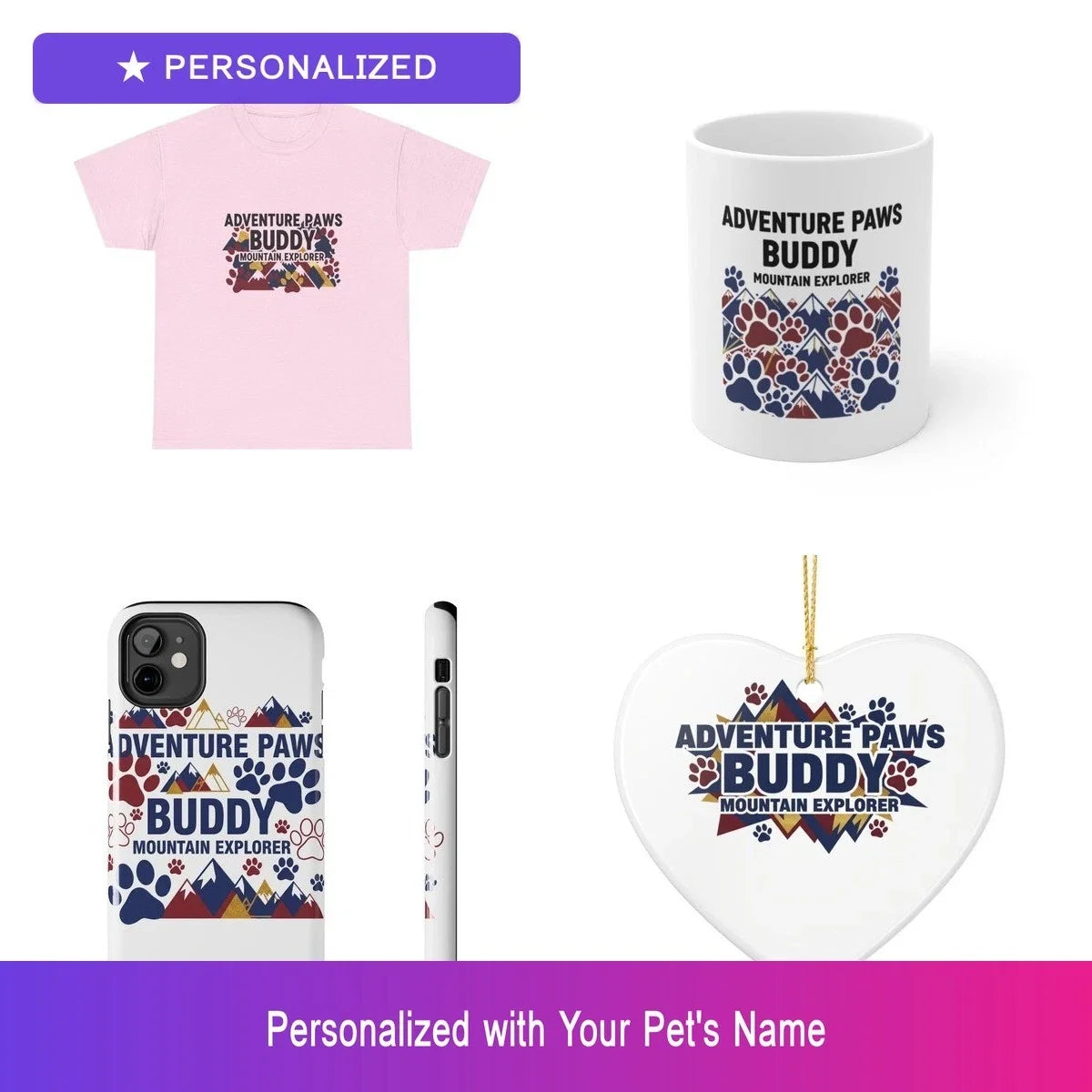 Custom Pet Paw Gift Set Shirt Mug Phone Case Ornament Personalized Name Bundle Unisex T-shirt, Sweatshirt, Hoodie, Long Sleeve Tee - T-Shirt, Sweatshirt, Hoodie