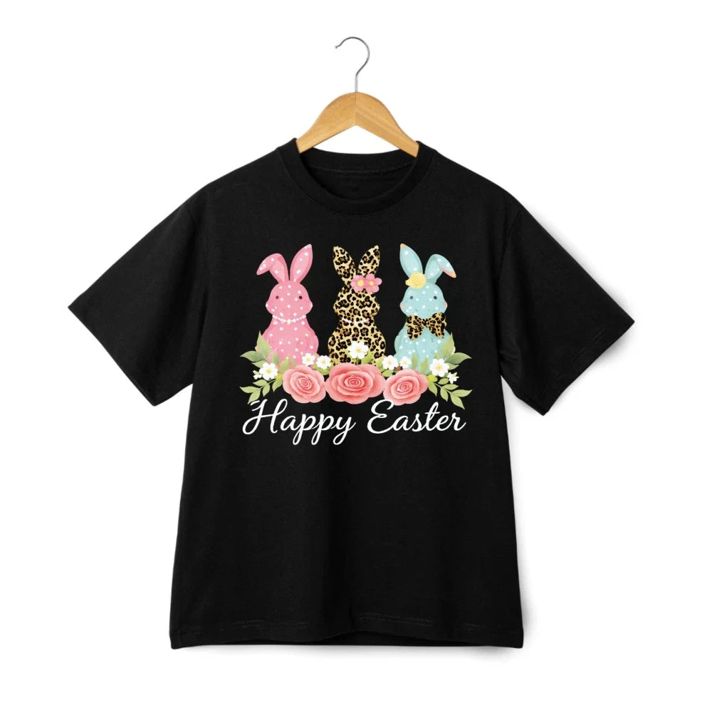 Happy Easter Trio Bunny Tee Floral Accent Casual Cotton T-Shirt for Men Women Unisex T-shirt, Sweatshirt, Hoodie, Long Sleeve Tee - T-Shirt, Sweatshirt, Hoodie