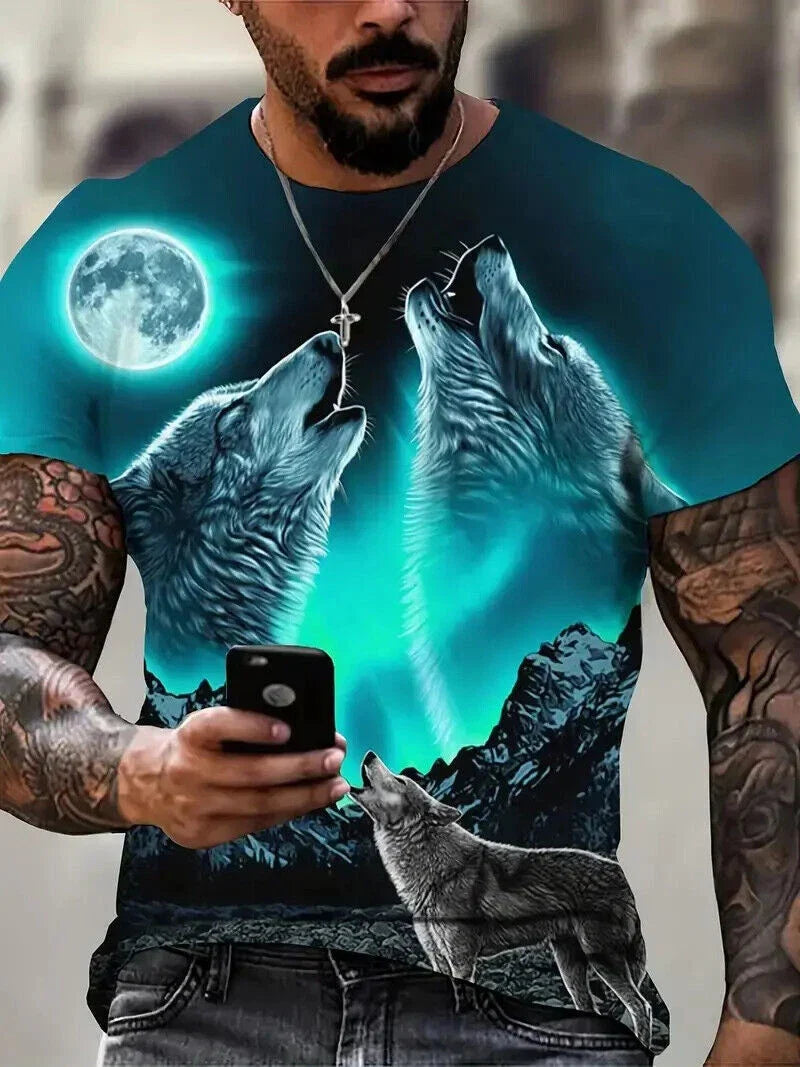 T-Shirts Teal Blue Moon Wolf Graphic Fashion Novelty Men Tee Short Sleeve Casual Unisex T-shirt, Sweatshirt, Hoodie, Long Sleeve Tee - T-Shirt, Sweatshirt, Hoodie