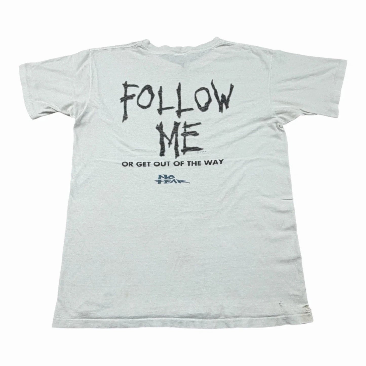 Vintage 90s No Fear Follow Me T Shirt Mens Large White Distressed Thrashed Unisex T-shirt, Sweatshirt, Hoodie, Long Sleeve Tee - T-Shirt, Sweatshirt, Hoodie