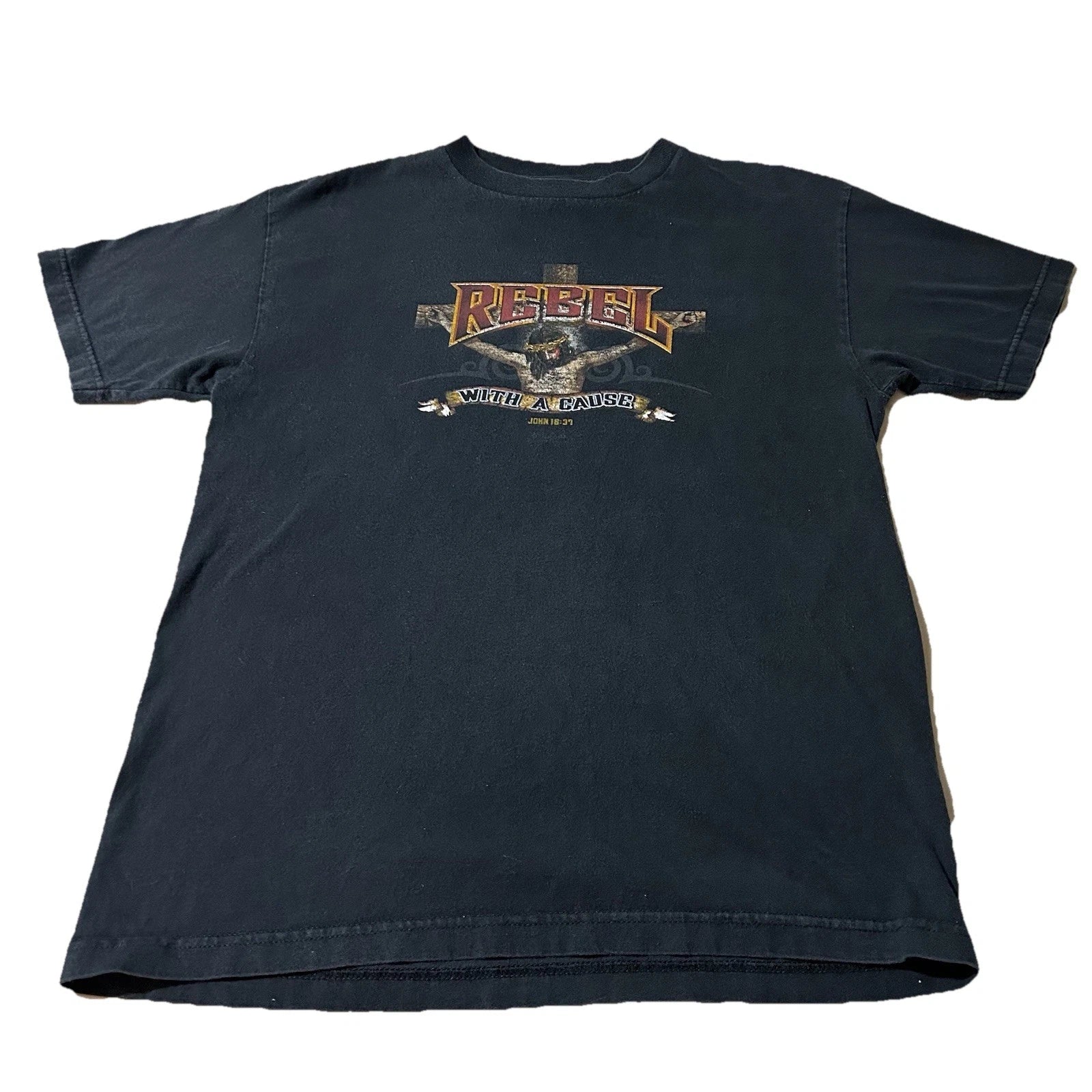 Vintage Y2K Rebel With A Cause Jesus Faded Black Biker Shirt Size Large Unisex T-shirt, Sweatshirt, Hoodie, Long Sleeve Tee - T-Shirt, Sweatshirt, Hoodie
