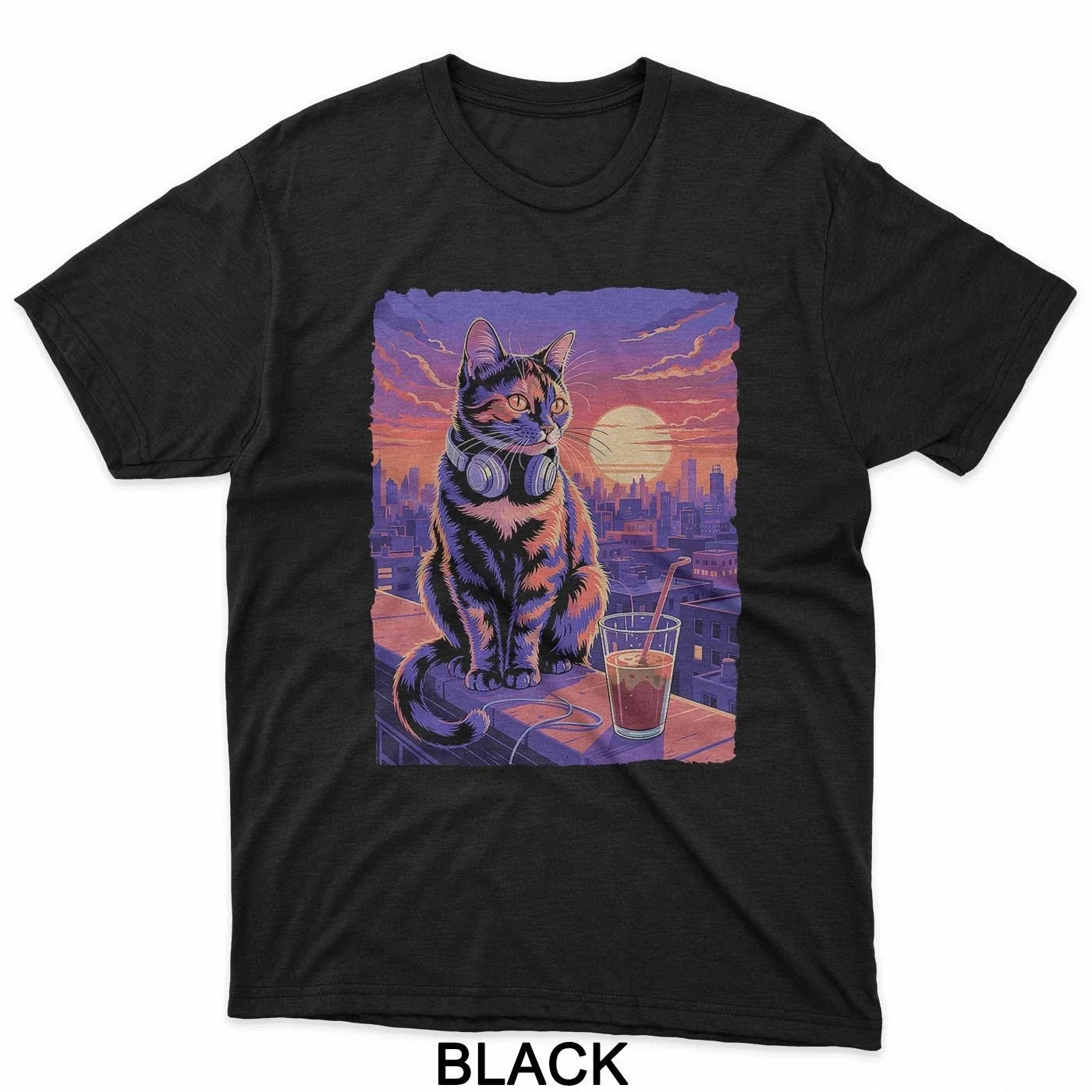 Cool Sunset Dj Cat Headphones Chill Urban Aesthetic T-Shirt Unisex T-shirt, Sweatshirt, Hoodie, Long Sleeve Tee - T-Shirt, Sweatshirt, Hoodie