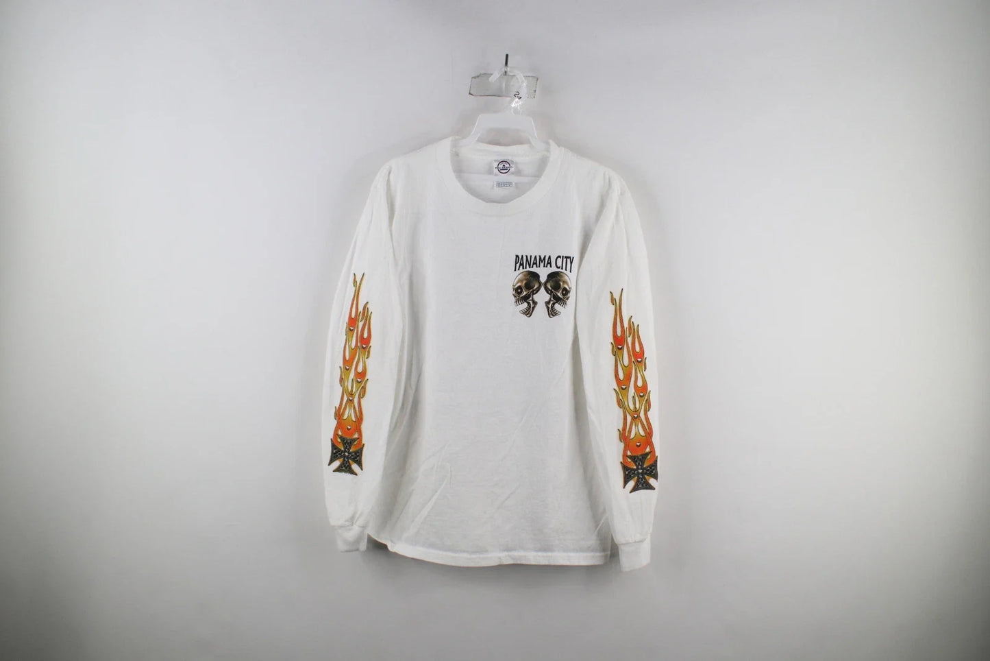 Vtg Y2K Mens S Panama City Bike Week Skull Iron Cross Flames Long Sleeve T-Shirt Unisex T-shirt, Sweatshirt, Hoodie, Long Sleeve Tee - T-Shirt, Sweatshirt, Hoodie