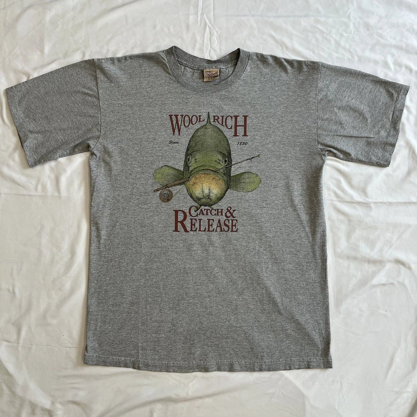 Vintage 90s Woolrich Gray Catch & Release Graphic Tee T Shirt Mens Size L Y2K Unisex T-shirt, Sweatshirt, Hoodie, Long Sleeve Tee - T-Shirt, Sweatshirt, Hoodie
