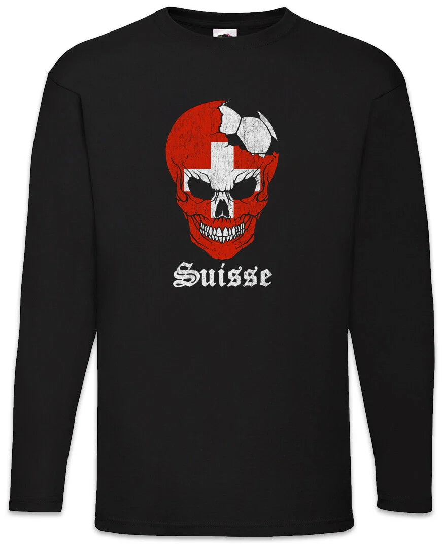 Switzerland Football Skull I Men's Long Sleeve T-Shirt Swiss Soccer Flag Unisex T-shirt, Sweatshirt, Hoodie, Long Sleeve Tee - T-Shirt, Sweatshirt, Hoodie
