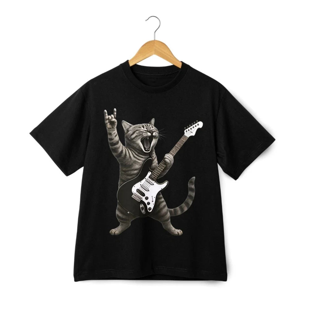 Rock'N Roll Cat Guitar Playing Funny Music Graphic T-Shirt Retro Kitty Tee Unisex T-shirt, Sweatshirt, Hoodie, Long Sleeve Tee - T-Shirt, Sweatshirt, Hoodie