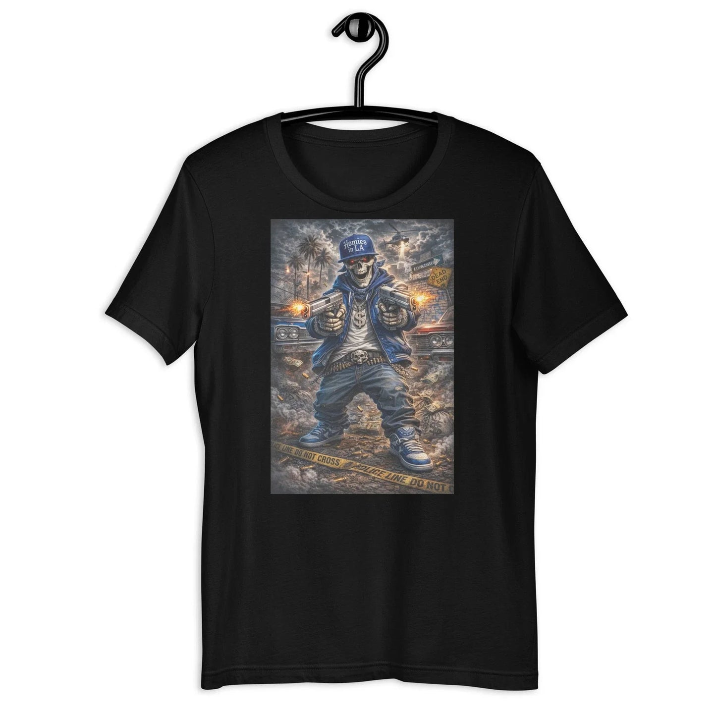 Homies in LA Skull Gangster Street Art Guns Urban Graphic T-Shirt Unisex T-shirt, Sweatshirt, Hoodie, Long Sleeve Tee - T-Shirt, Sweatshirt, Hoodie