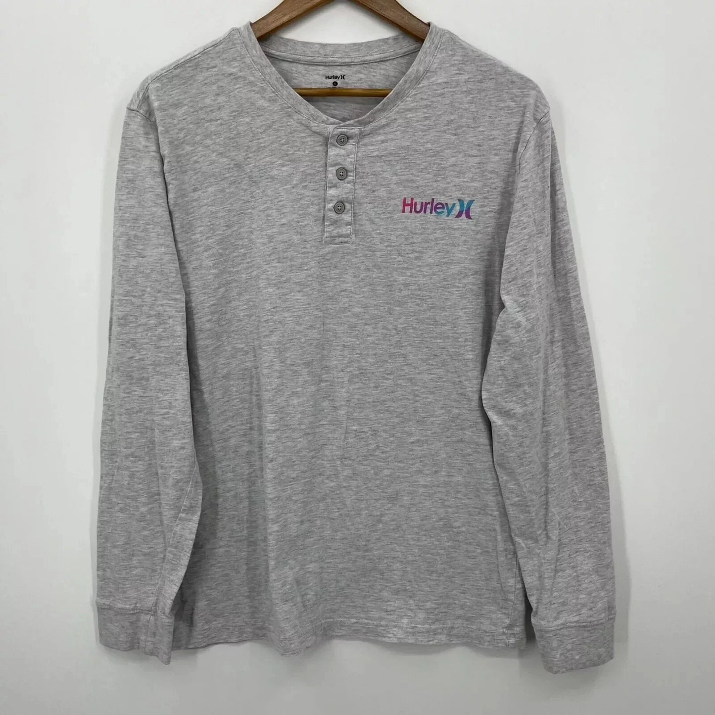 Hurley Long Sleeve Henley T-Shirt Men's L Gray Double Sided Logo Surf Y2K Unisex T-shirt, Sweatshirt, Hoodie, Long Sleeve Tee - T-Shirt, Sweatshirt, Hoodie