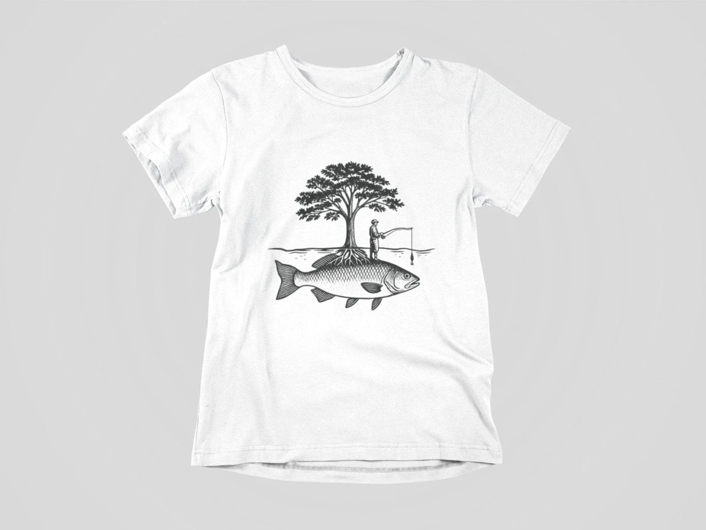 Surreal Fishing Tree Shirt Fisherman on Giant Fish Tee Nature Art Graphic Outdoo Unisex T-shirt, Sweatshirt, Hoodie, Long Sleeve Tee - T-Shirt, Sweatshirt, Hoodie