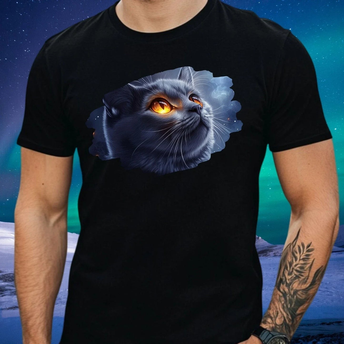 Mens Grey Cat With Glowing Eyes Motif Cotton T-Shirt Size XS to 5XL Unisex T-shirt, Sweatshirt, Hoodie, Long Sleeve Tee - T-Shirt, Sweatshirt, Hoodie