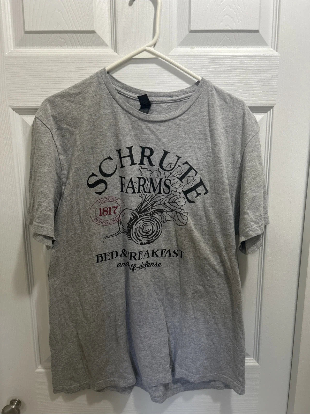 The Office Mens Shirt Schrute Farms Bed And Breakfast Large Gray Casual Unisex T-shirt, Sweatshirt, Hoodie, Long Sleeve Tee - T-Shirt, Sweatshirt, Hoodie