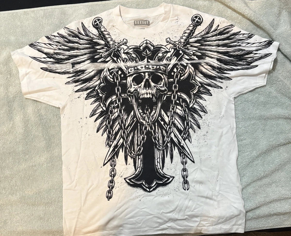 BOXSET Shirt Adult Large White Tee, Gothic-style graphic of a winged skull Unisex T-shirt, Sweatshirt, Hoodie, Long Sleeve Tee - T-Shirt, Sweatshirt, Hoodie