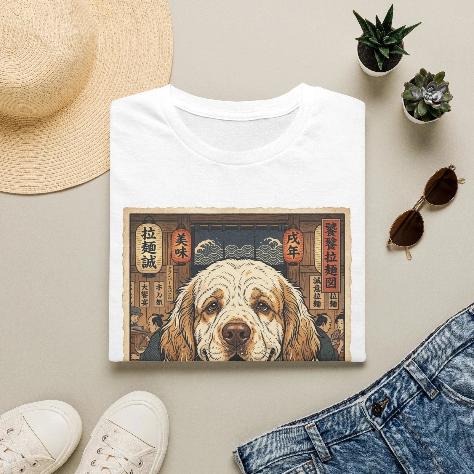 Clumber Spaniel Ramen Dog Illustration T-Shirt | Cute Noodle Bowl Art Unisex T-shirt, Sweatshirt, Hoodie, Long Sleeve Tee - T-Shirt, Sweatshirt, Hoodie