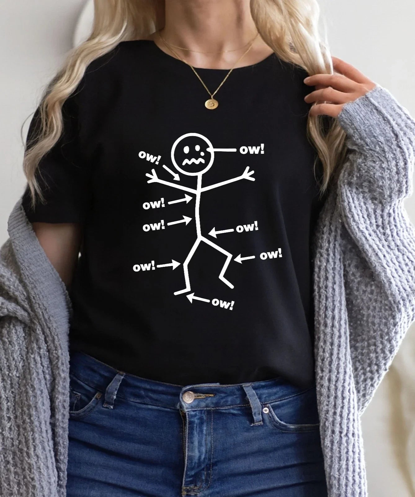 Funny Ow! Stick Figure T-Shirt, Pain Humor Graphic Tee, Sarcastic Meme Shirt Unisex T-shirt, Sweatshirt, Hoodie, Long Sleeve Tee - T-Shirt, Sweatshirt, Hoodie