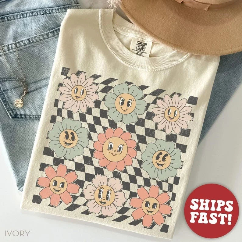Retro Checkered Flower Shirt, Boho Flowers Shirt, Boho Floral T Shirt, Boho Hipp Unisex T-shirt, Sweatshirt, Hoodie, Long Sleeve Tee - T-Shirt, Sweatshirt, Hoodie