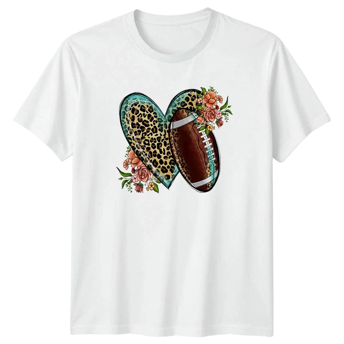 Leopard Print Football Heart Love Womens T-Shirt Boho Floral American Football Unisex T-shirt, Sweatshirt, Hoodie, Long Sleeve Tee - T-Shirt, Sweatshirt, Hoodie