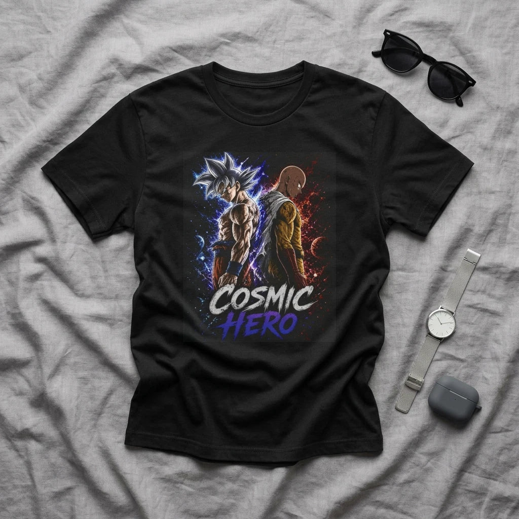 Goku vs Saitama T-Shirt | Cosmic Hero Anime Power Showdown Unisex T-shirt, Sweatshirt, Hoodie, Long Sleeve Tee - T-Shirt, Sweatshirt, Hoodie