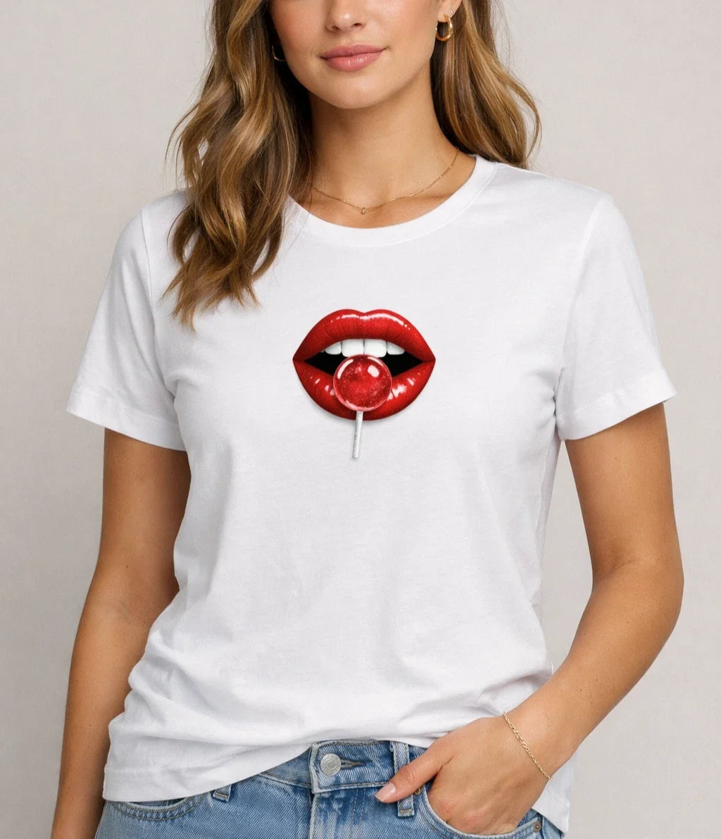 White TShirt  Red Lips with Transparent Lollipop Graphic  Trendy Pop Art Tee Unisex T-shirt, Sweatshirt, Hoodie, Long Sleeve Tee - T-Shirt, Sweatshirt, Hoodie
