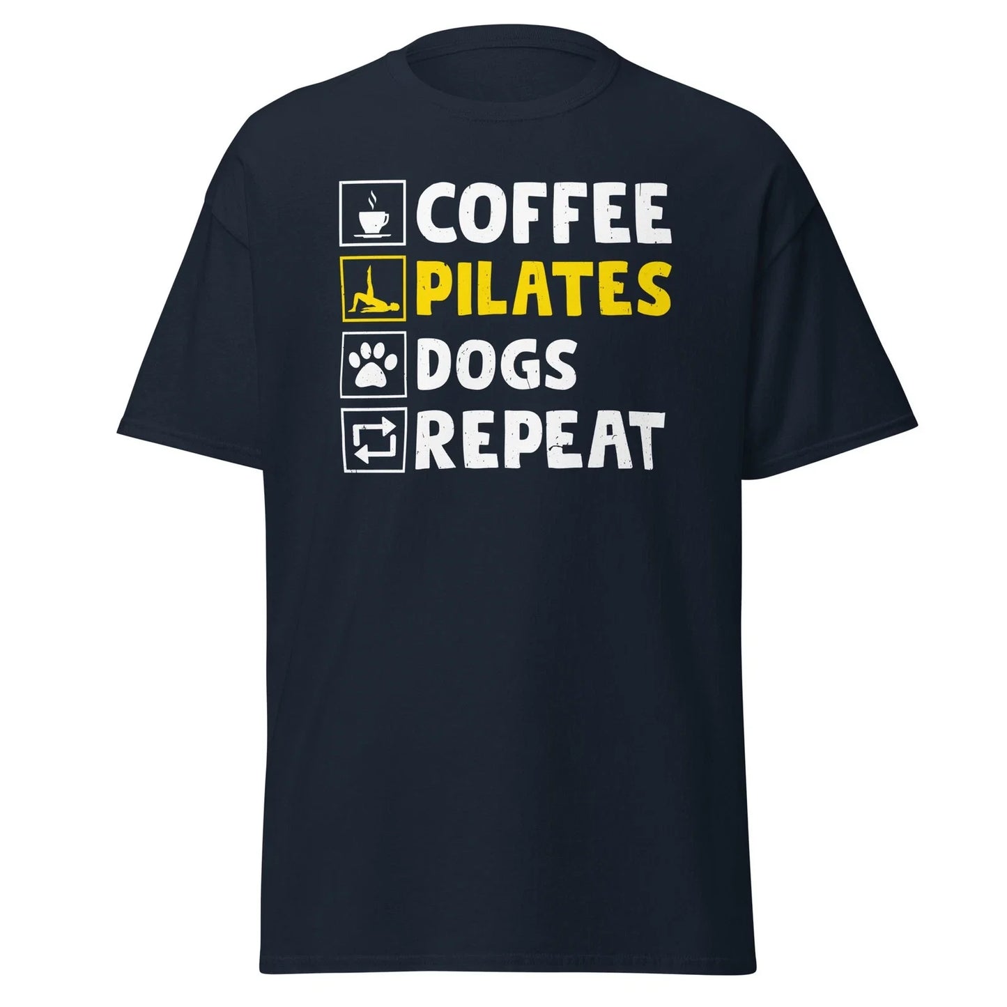 Coffee Pilates Dogs Repeat T-Shirt Exercise Workout Funny Pilates Lover Shirt Unisex T-shirt, Sweatshirt, Hoodie, Long Sleeve Tee - T-Shirt, Sweatshirt, Hoodie