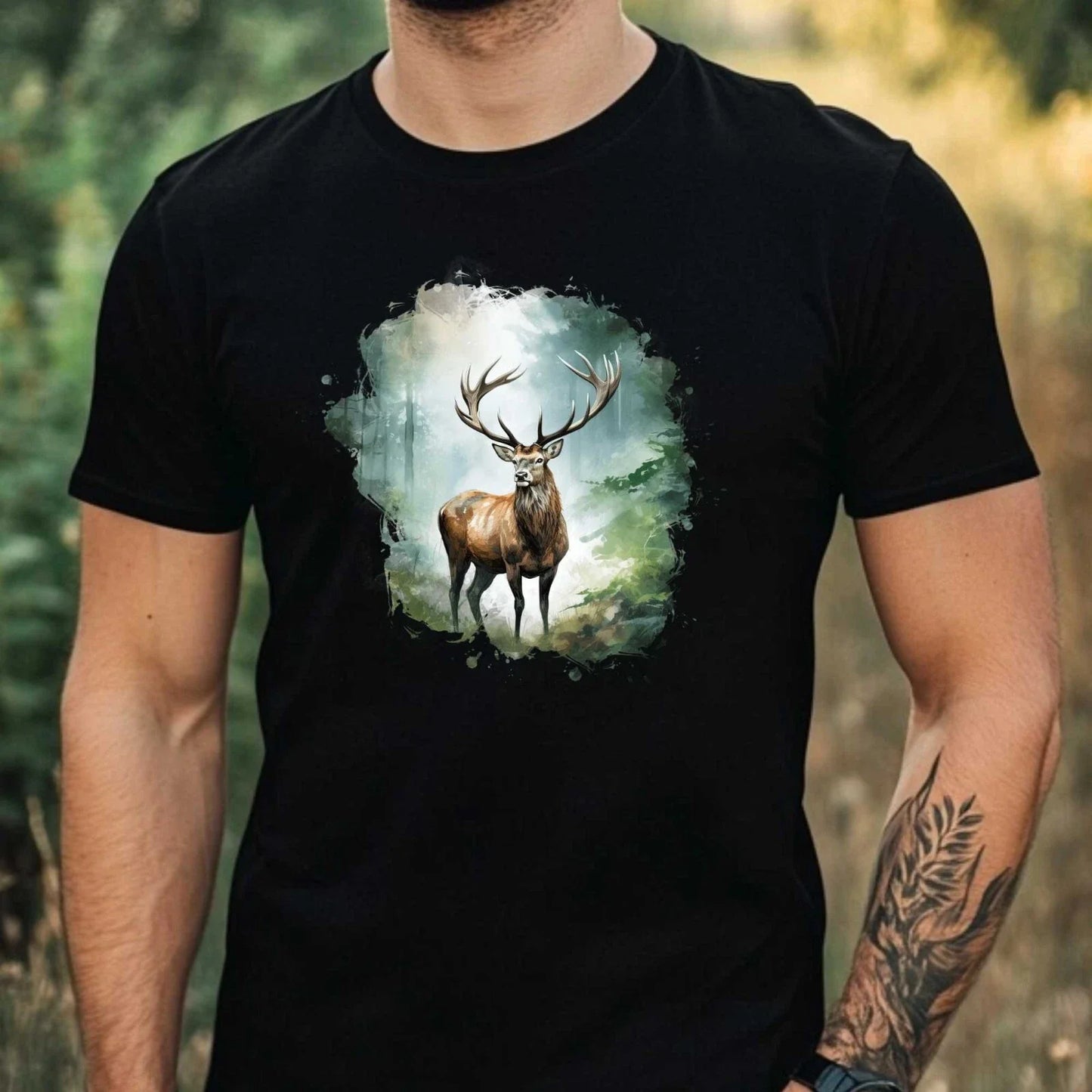 Mens Watercolour Deer Motif Cotton T-Shirt Size XS to 5XL Unisex T-shirt, Sweatshirt, Hoodie, Long Sleeve Tee - T-Shirt, Sweatshirt, Hoodie