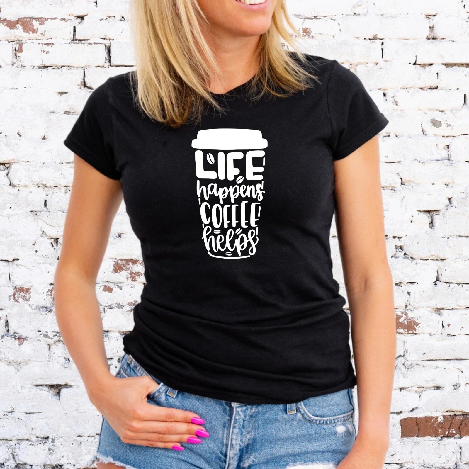 LIFE HAPPENS COFFEE HELPS T-SHIRT, GILMORE GIRLS, WHITE, Unisex/Lady Fit Unisex T-shirt, Sweatshirt, Hoodie, Long Sleeve Tee - T-Shirt, Sweatshirt, Hoodie