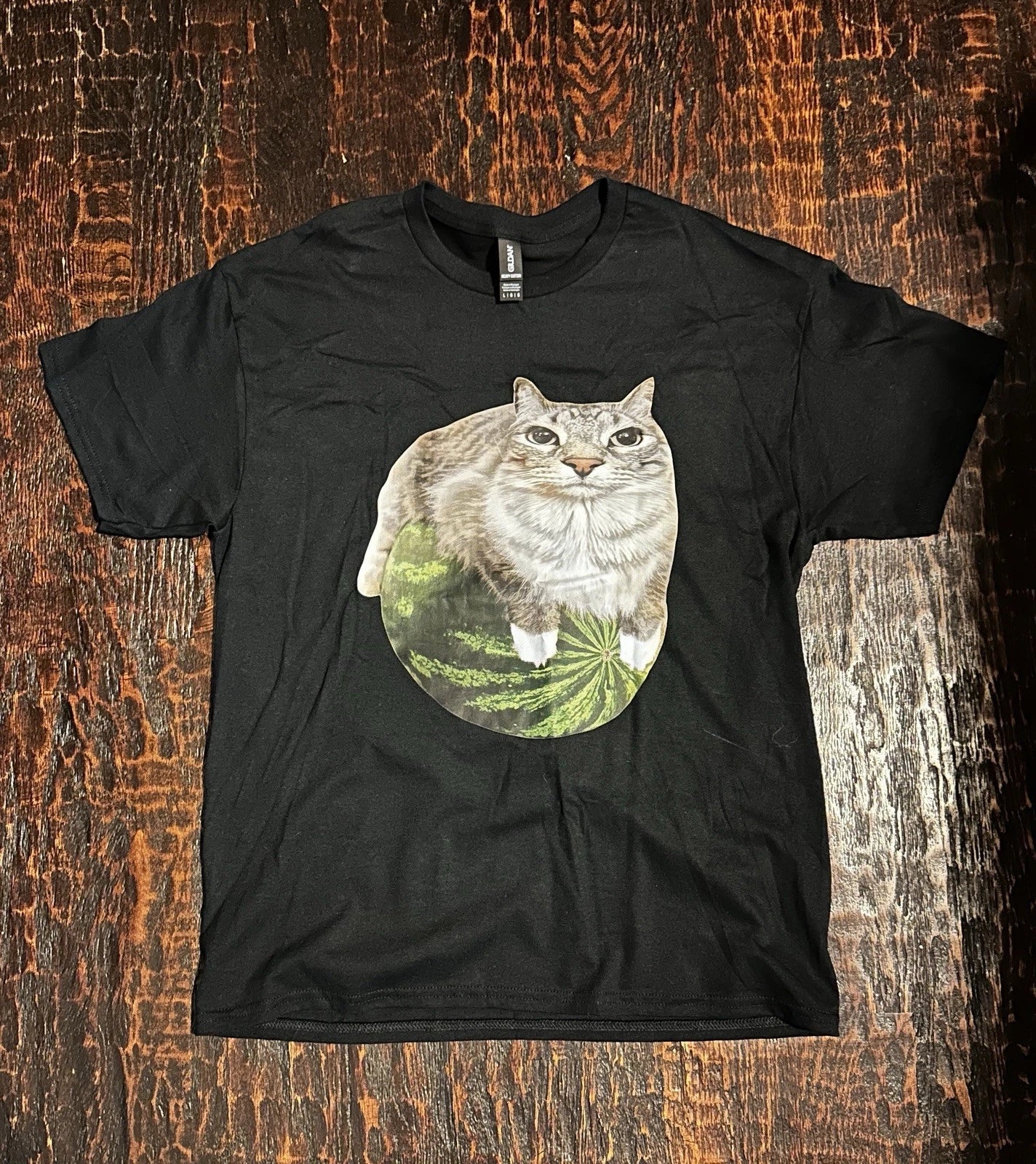 Cat on Watermelon Meme Irony Black Men's T Shirt Size L Unisex T-shirt, Sweatshirt, Hoodie, Long Sleeve Tee - T-Shirt, Sweatshirt, Hoodie