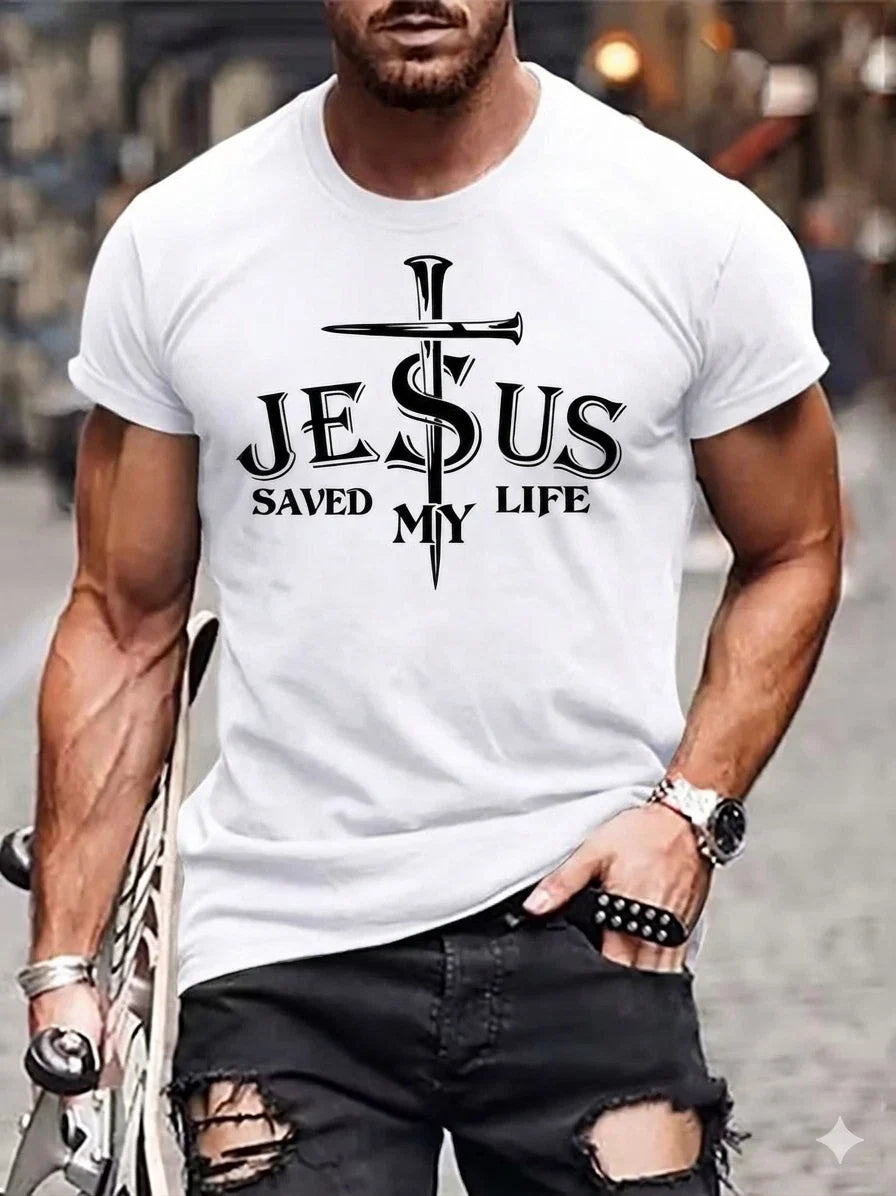 Men's Jesus Saved My Life T-Shirt Christian Cross Graphic 100% Cotton Tee Top Unisex T-shirt, Sweatshirt, Hoodie, Long Sleeve Tee - T-Shirt, Sweatshirt, Hoodie