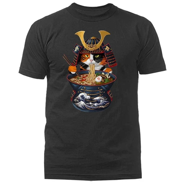 Samurai Cat Eating Ramen Noodle-Japanese Anime Manga T-shirt Unisex T-shirt, Sweatshirt, Hoodie, Long Sleeve Tee - T-Shirt, Sweatshirt, Hoodie