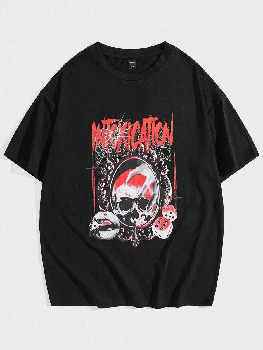 Guys Skull & Letter Graphic Tee  Edgy Streetwear T-Shirt, Dark Aesthetic Casual Unisex T-shirt, Sweatshirt, Hoodie, Long Sleeve Tee - T-Shirt, Sweatshirt, Hoodie