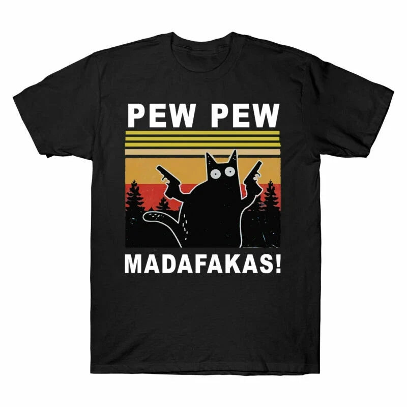 Cat Tee Tee Sleeve Madafakas PEW T PEW Lover Funny Black Short Cat Men's Shirt Unisex T-shirt, Sweatshirt, Hoodie, Long Sleeve Tee - T-Shirt, Sweatshirt, Hoodie
