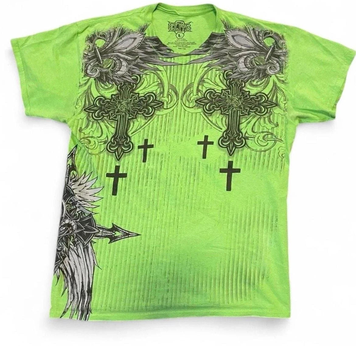 Vintage MMA Elite Neon Green Graphic T-Shirt Y2K Cross Design Size Large Unisex T-shirt, Sweatshirt, Hoodie, Long Sleeve Tee - T-Shirt, Sweatshirt, Hoodie