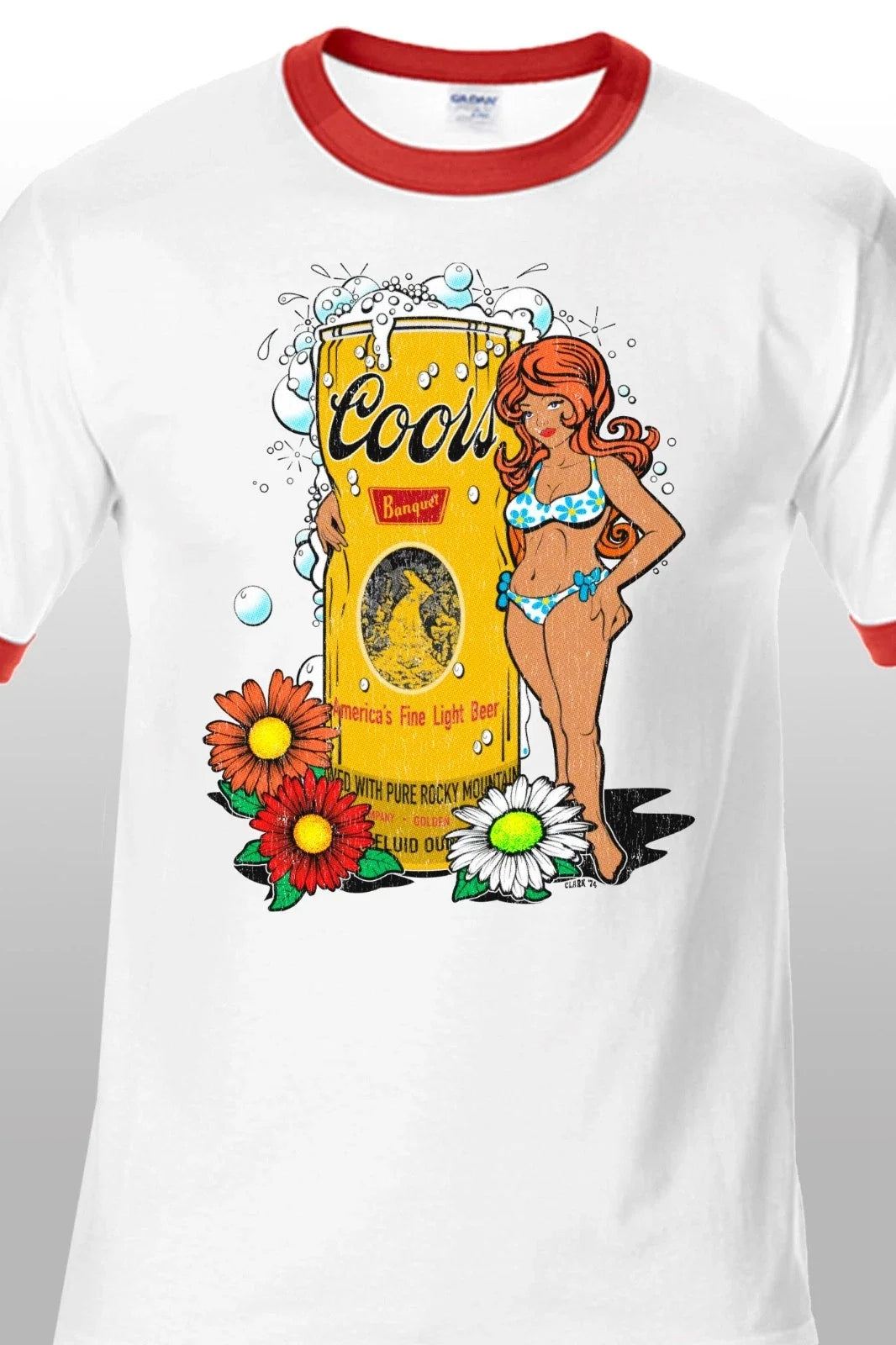 1970s Hippy Beer Girl Vintage RINGER SM-XXL Unisex - Adult & Kids T-Shirts, Sweatshirts & Hoodies apparel design preview 1