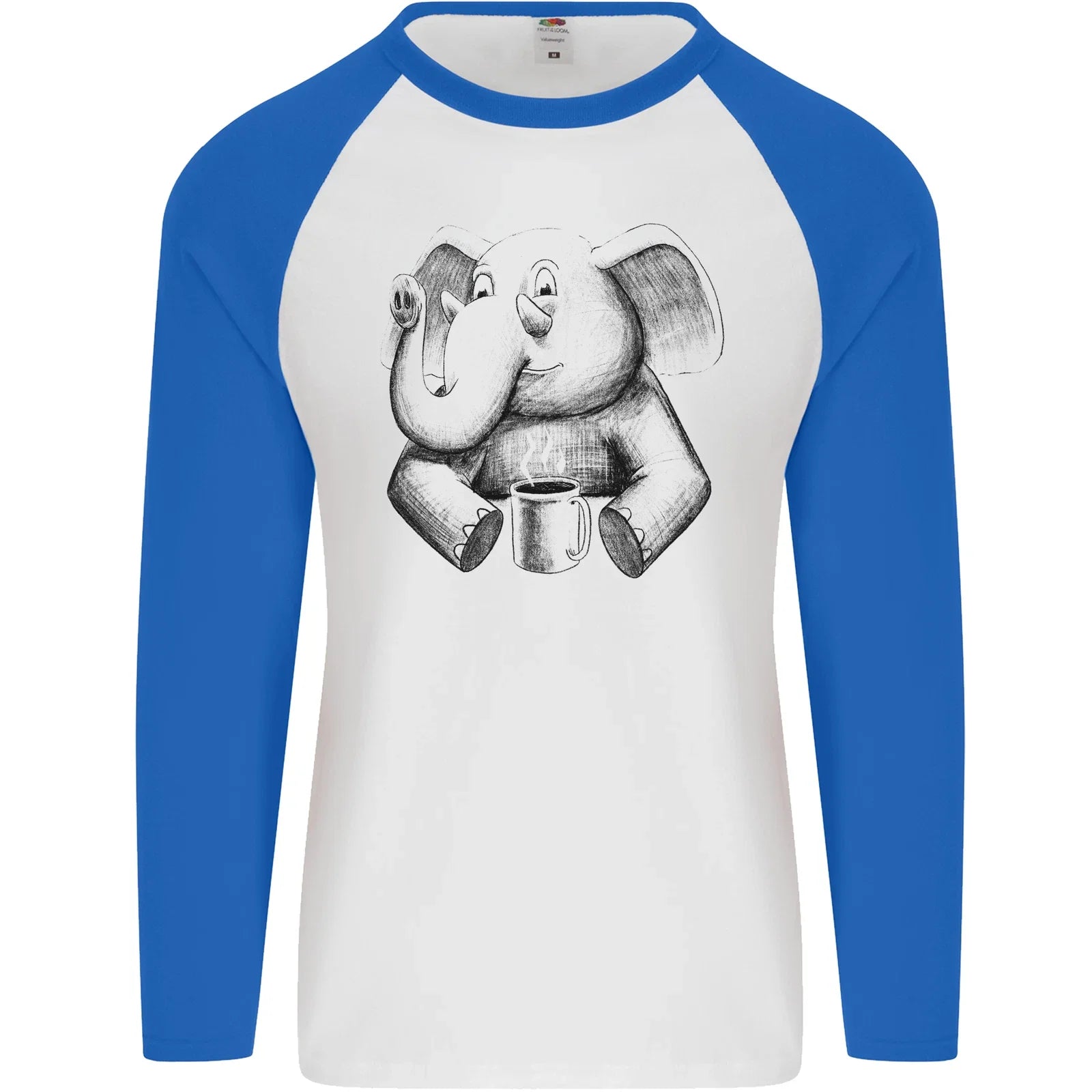 An Elephant Drinking Coffee Mens L/S Baseball T-Shirt Unisex T-shirt, Sweatshirt, Hoodie, Long Sleeve Tee - T-Shirt, Sweatshirt, Hoodie