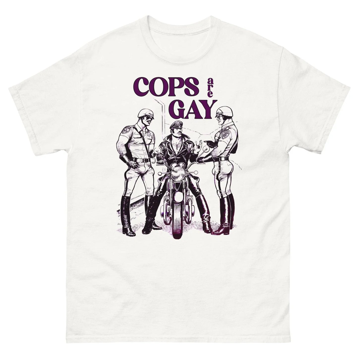 Cops Are Gay Tom of Finland Graphic Tee White Gay Art Pop Punk Shirt Unisex T-shirt, Sweatshirt, Hoodie, Long Sleeve Tee - T-Shirt, Sweatshirt, Hoodie