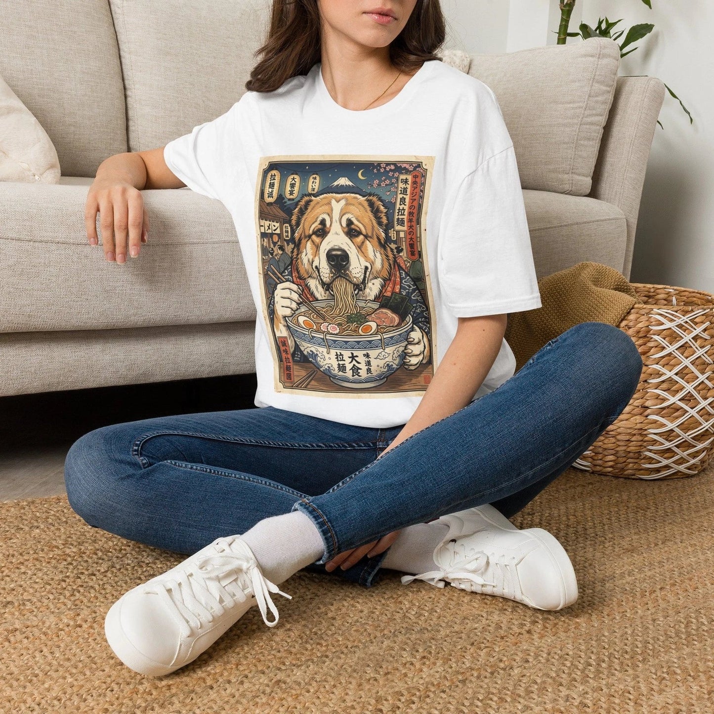 Central Asian Shepherd Ramen Illustration T-Shirt | Japanese Foodie Dog Art Unisex T-shirt, Sweatshirt, Hoodie, Long Sleeve Tee - T-Shirt, Sweatshirt, Hoodie