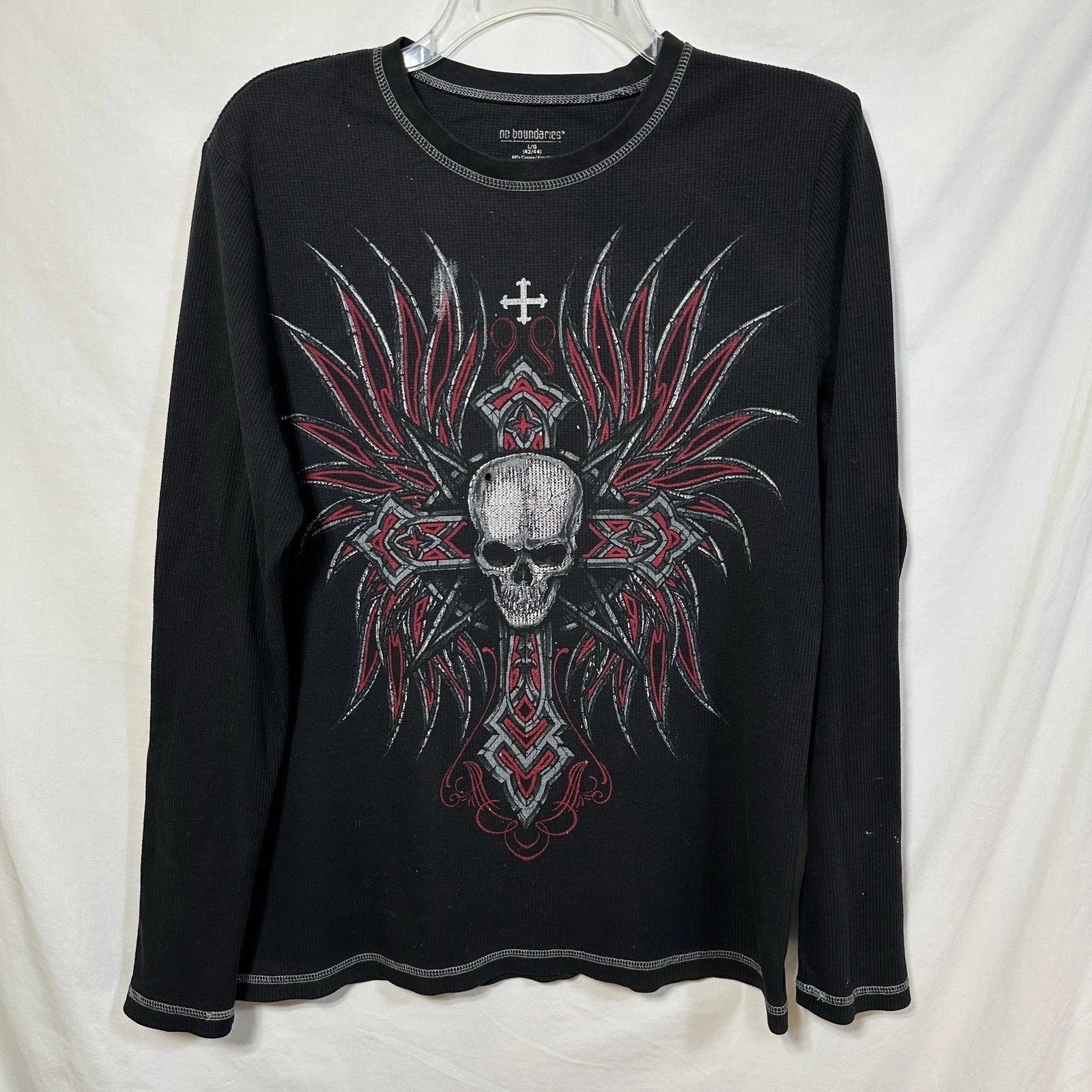 Vintage No Boundaries Y2K Skull Cross Wings Double Sided Distressed Waffle Knit Unisex T-shirt, Sweatshirt, Hoodie, Long Sleeve Tee - T-Shirt, Sweatshirt, Hoodie
