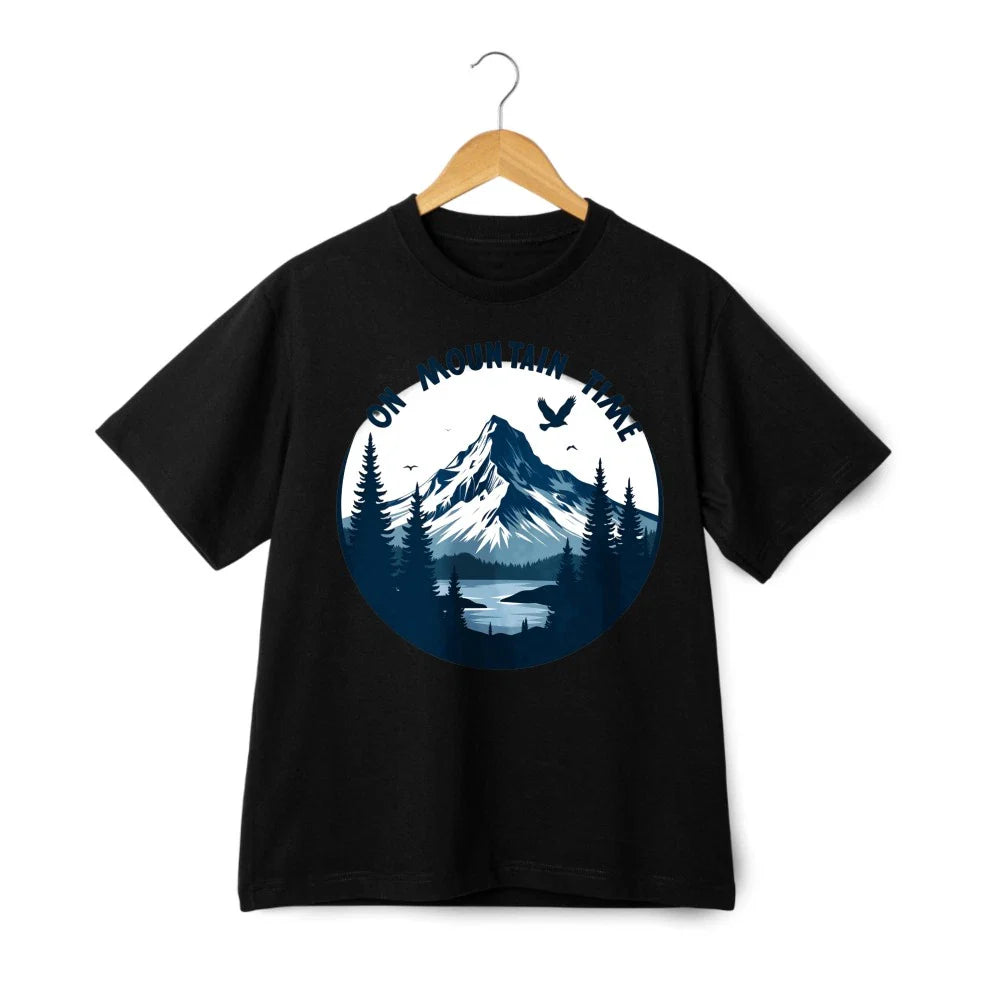 On Mountain Time T-Shirt, Mountain & Lake Graphic Tee for Hiking & Camping Unisex T-shirt, Sweatshirt, Hoodie, Long Sleeve Tee - T-Shirt, Sweatshirt, Hoodie
